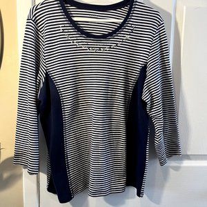 Alia, 3/4 sleeved, stripped navy t-shirt with beading
